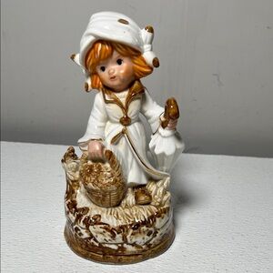 Vintage Music Box~Girl in White Coat Polka Dot Hat Holding Basket of Flowers